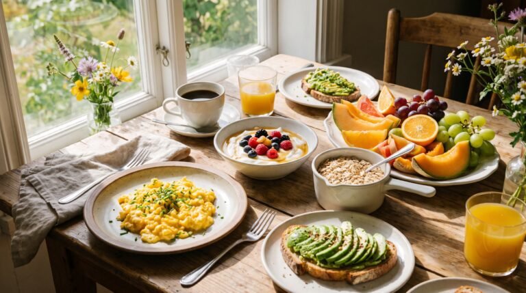 A bright breakfast table with scrambled eggs, Greek yogurt, berries, avocado toast, oats, and fresh fruit.